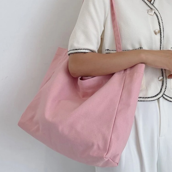 New Cotton Candy Pink Minimalist Large Capacity Canvas Double Handle Tote Bag - Picture 3 of 9